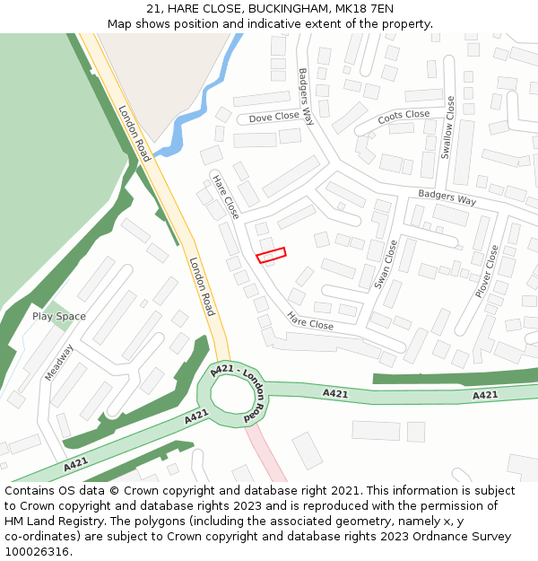 21, HARE CLOSE, BUCKINGHAM, MK18 7EN: Location map and indicative extent of plot