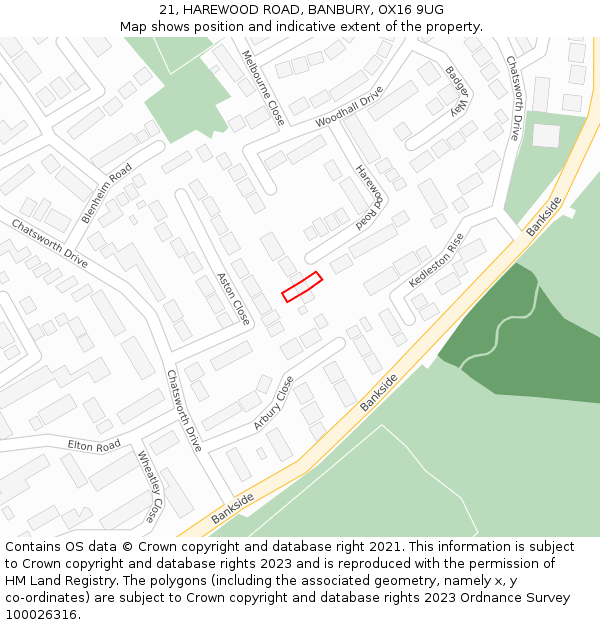 21, HAREWOOD ROAD, BANBURY, OX16 9UG: Location map and indicative extent of plot