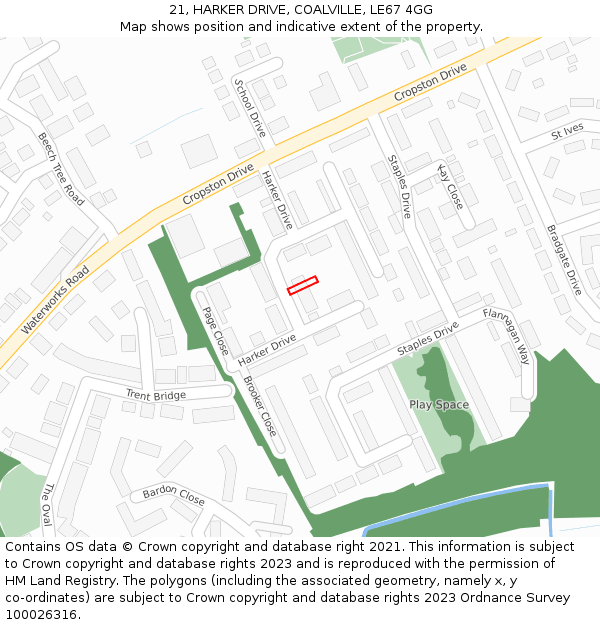 21, HARKER DRIVE, COALVILLE, LE67 4GG: Location map and indicative extent of plot