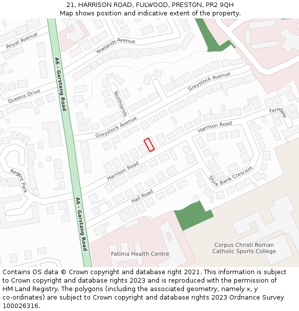 21, HARRISON ROAD, FULWOOD, PRESTON, PR2 9QH: Location map and indicative extent of plot