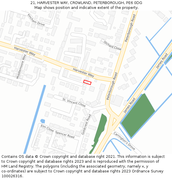 21, HARVESTER WAY, CROWLAND, PETERBOROUGH, PE6 0DG: Location map and indicative extent of plot