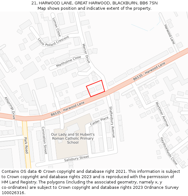 21, HARWOOD LANE, GREAT HARWOOD, BLACKBURN, BB6 7SN: Location map and indicative extent of plot
