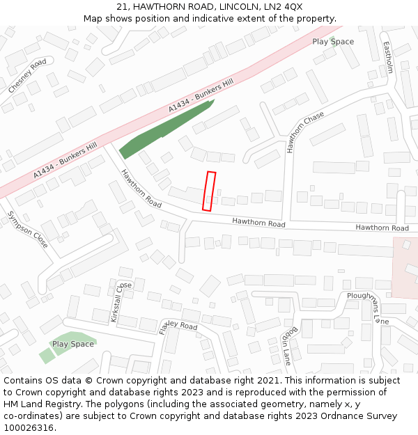 21, HAWTHORN ROAD, LINCOLN, LN2 4QX: Location map and indicative extent of plot