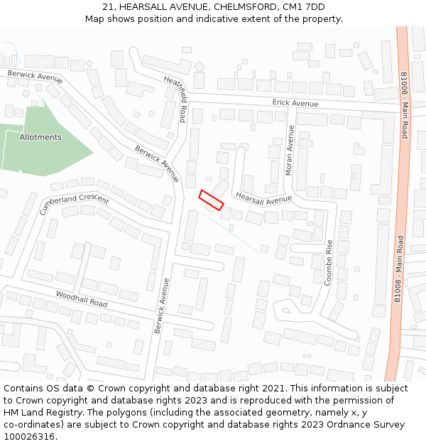 21, HEARSALL AVENUE, CHELMSFORD, CM1 7DD: Location map and indicative extent of plot