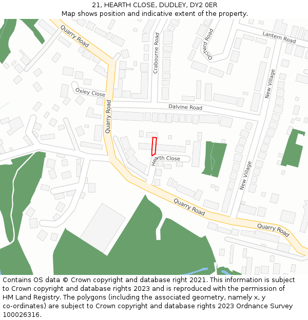 21, HEARTH CLOSE, DUDLEY, DY2 0ER: Location map and indicative extent of plot