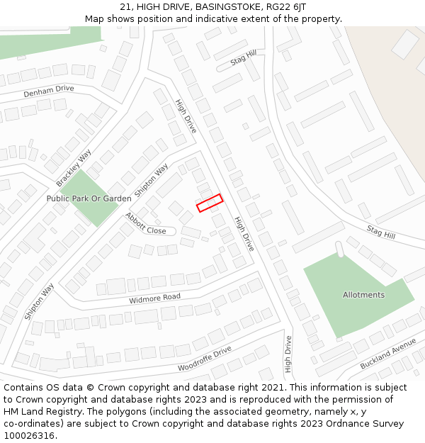 21, HIGH DRIVE, BASINGSTOKE, RG22 6JT: Location map and indicative extent of plot