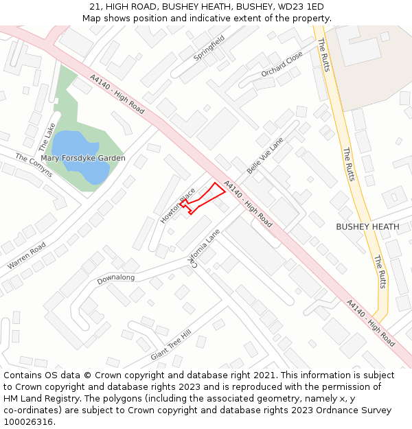 21, HIGH ROAD, BUSHEY HEATH, BUSHEY, WD23 1ED: Location map and indicative extent of plot