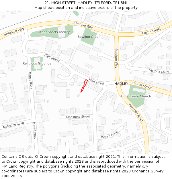 21, HIGH STREET, HADLEY, TELFORD, TF1 5NL: Location map and indicative extent of plot