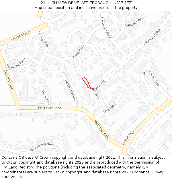 21, HIGH VIEW DRIVE, ATTLEBOROUGH, NR17 1EZ: Location map and indicative extent of plot