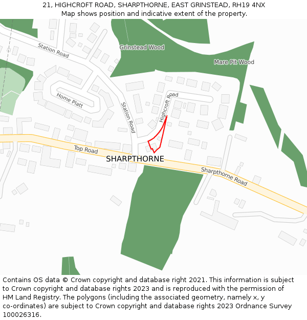21, HIGHCROFT ROAD, SHARPTHORNE, EAST GRINSTEAD, RH19 4NX: Location map and indicative extent of plot