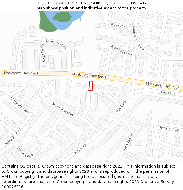 21, HIGHDOWN CRESCENT, SHIRLEY, SOLIHULL, B90 4TY: Location map and indicative extent of plot