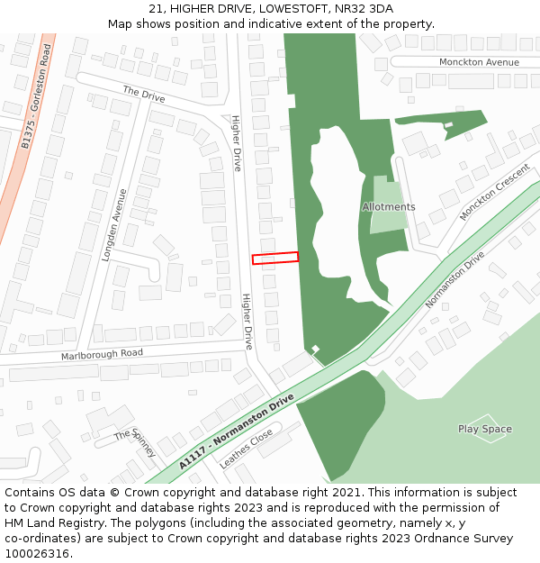 21, HIGHER DRIVE, LOWESTOFT, NR32 3DA: Location map and indicative extent of plot