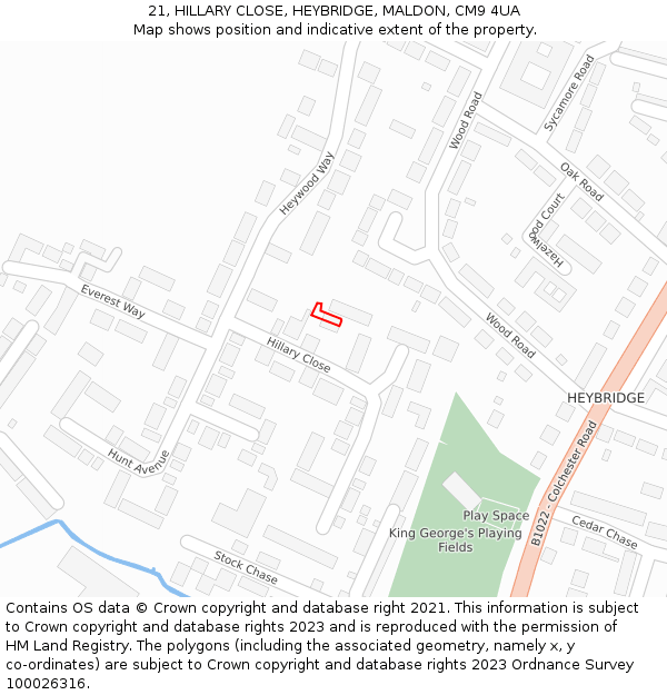 21, HILLARY CLOSE, HEYBRIDGE, MALDON, CM9 4UA: Location map and indicative extent of plot