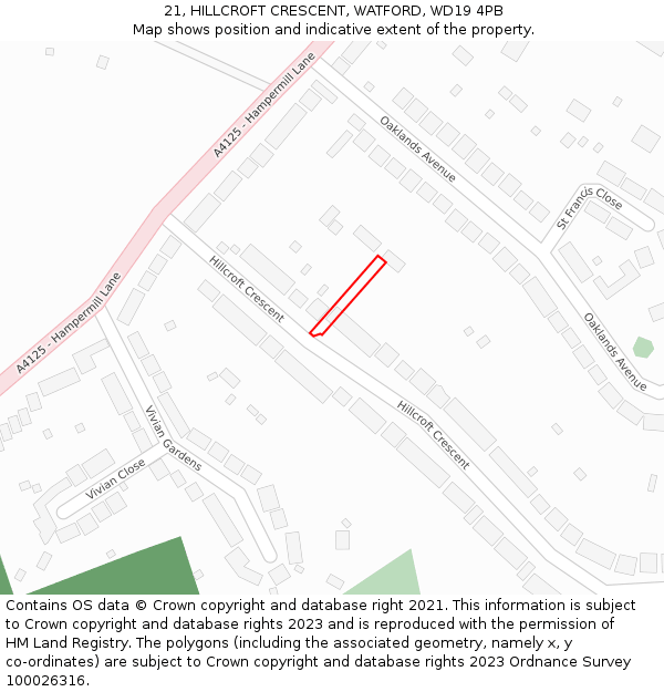 21, HILLCROFT CRESCENT, WATFORD, WD19 4PB: Location map and indicative extent of plot