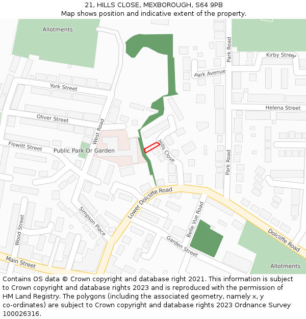 21, HILLS CLOSE, MEXBOROUGH, S64 9PB: Location map and indicative extent of plot