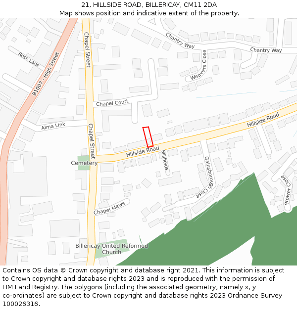 21, HILLSIDE ROAD, BILLERICAY, CM11 2DA: Location map and indicative extent of plot