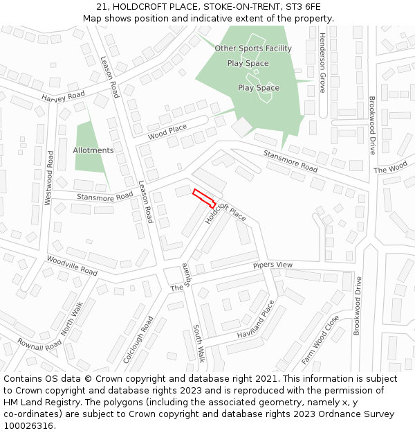 21, HOLDCROFT PLACE, STOKE-ON-TRENT, ST3 6FE: Location map and indicative extent of plot