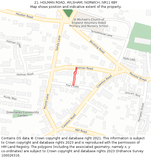 21, HOLMAN ROAD, AYLSHAM, NORWICH, NR11 6BY: Location map and indicative extent of plot