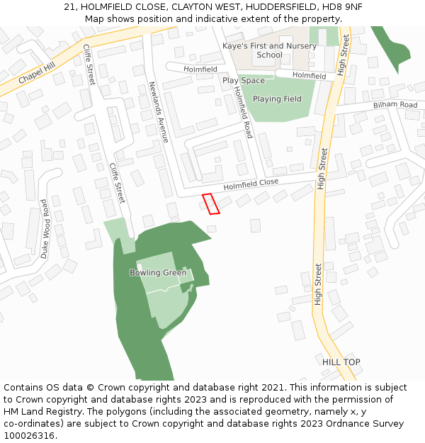 21, HOLMFIELD CLOSE, CLAYTON WEST, HUDDERSFIELD, HD8 9NF: Location map and indicative extent of plot