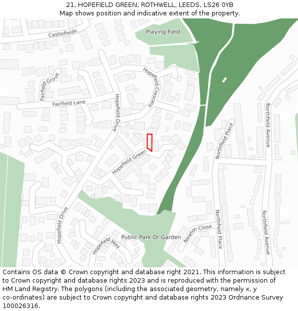 21, HOPEFIELD GREEN, ROTHWELL, LEEDS, LS26 0YB: Location map and indicative extent of plot