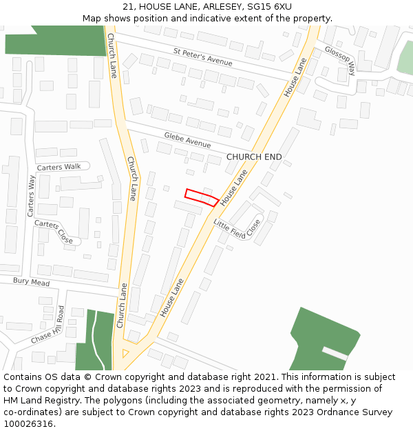 21, HOUSE LANE, ARLESEY, SG15 6XU: Location map and indicative extent of plot