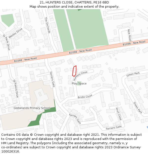 21, HUNTERS CLOSE, CHATTERIS, PE16 6BD: Location map and indicative extent of plot
