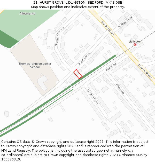 21, HURST GROVE, LIDLINGTON, BEDFORD, MK43 0SB: Location map and indicative extent of plot