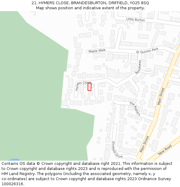 21, HYMERS CLOSE, BRANDESBURTON, DRIFFIELD, YO25 8SQ: Location map and indicative extent of plot