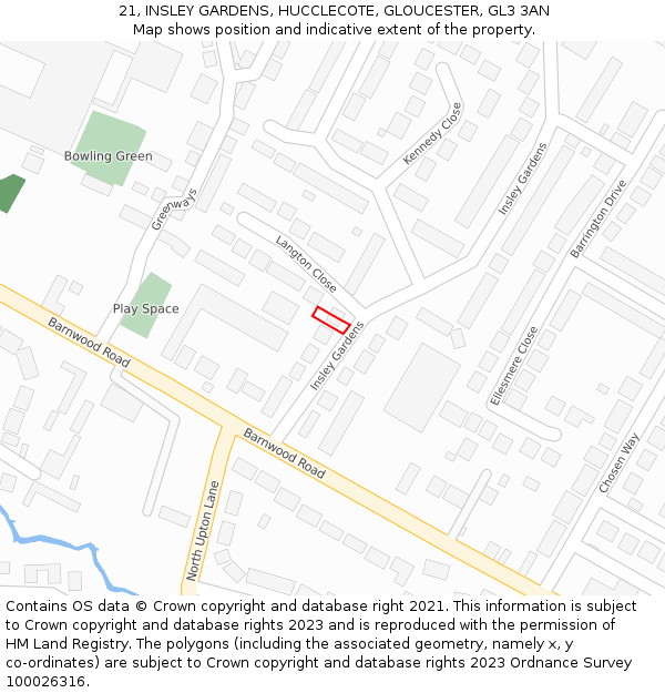 21, INSLEY GARDENS, HUCCLECOTE, GLOUCESTER, GL3 3AN: Location map and indicative extent of plot