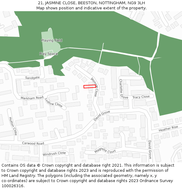 21, JASMINE CLOSE, BEESTON, NOTTINGHAM, NG9 3LH: Location map and indicative extent of plot
