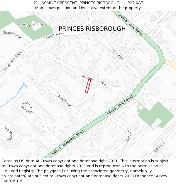 21, JASMINE CRESCENT, PRINCES RISBOROUGH, HP27 0AB: Location map and indicative extent of plot