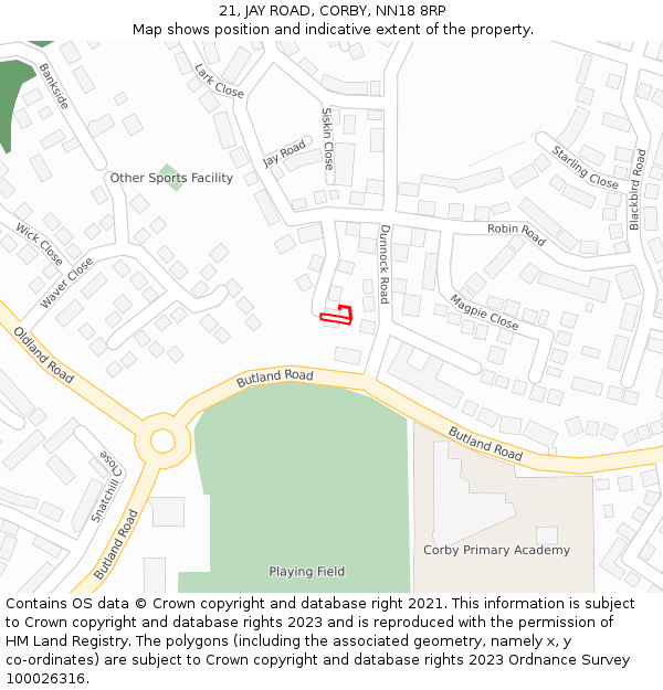 21, JAY ROAD, CORBY, NN18 8RP: Location map and indicative extent of plot