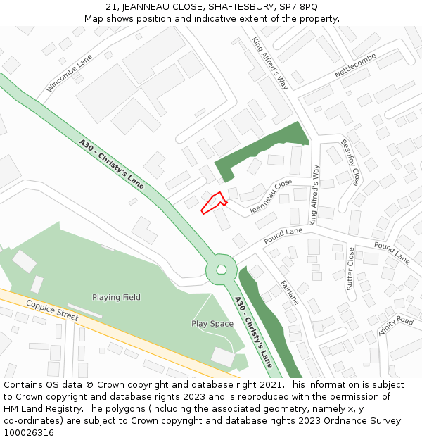 21, JEANNEAU CLOSE, SHAFTESBURY, SP7 8PQ: Location map and indicative extent of plot