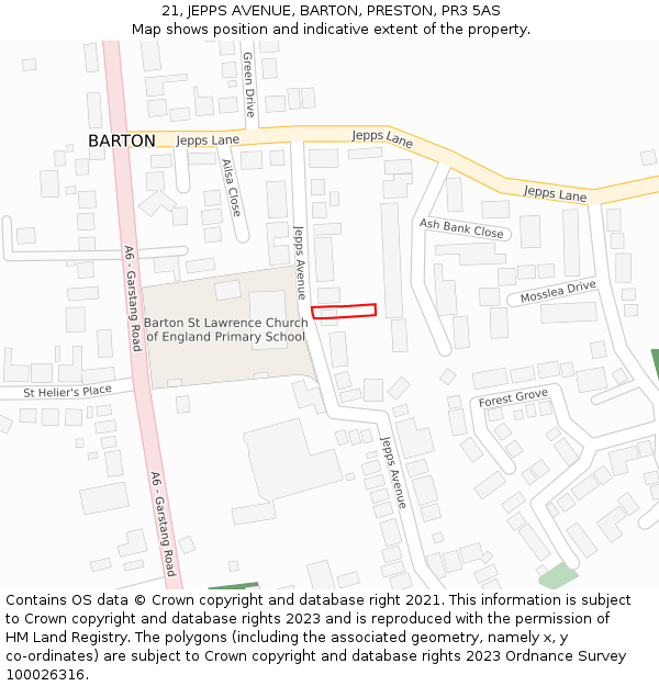 21, JEPPS AVENUE, BARTON, PRESTON, PR3 5AS: Location map and indicative extent of plot