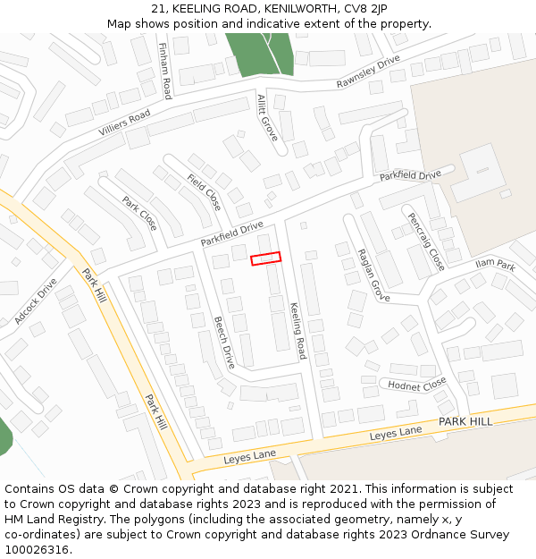 21, KEELING ROAD, KENILWORTH, CV8 2JP: Location map and indicative extent of plot