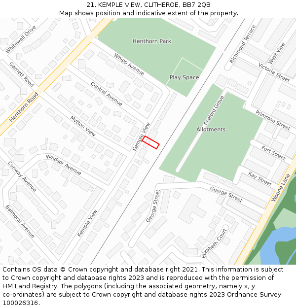 21, KEMPLE VIEW, CLITHEROE, BB7 2QB: Location map and indicative extent of plot
