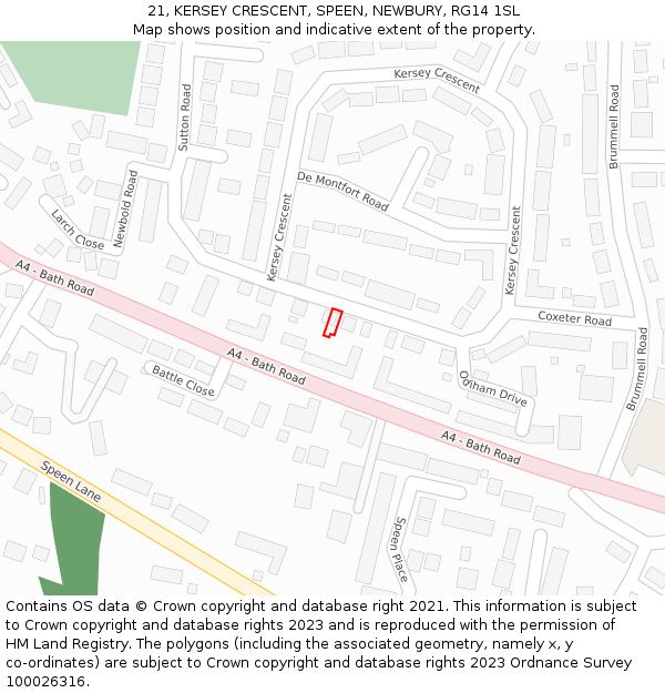 21, KERSEY CRESCENT, SPEEN, NEWBURY, RG14 1SL: Location map and indicative extent of plot