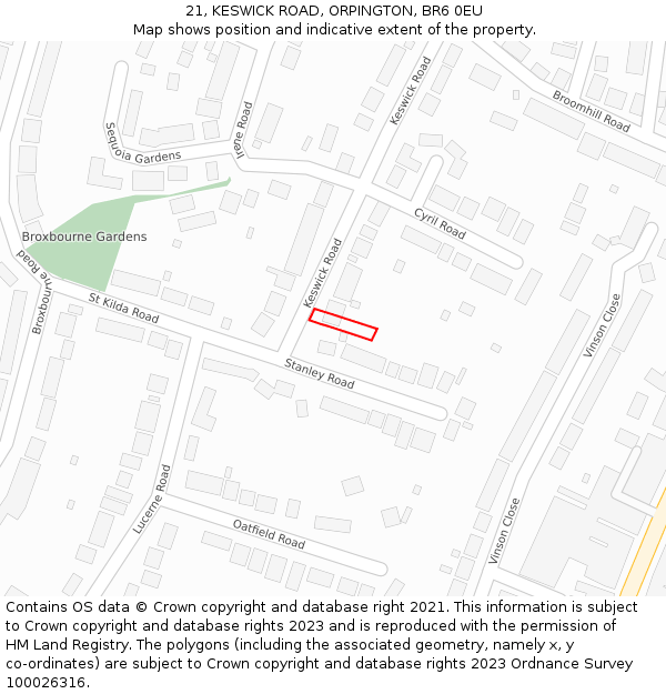 21, KESWICK ROAD, ORPINGTON, BR6 0EU: Location map and indicative extent of plot