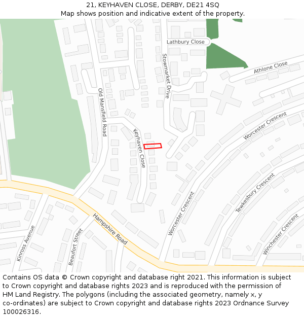 21, KEYHAVEN CLOSE, DERBY, DE21 4SQ: Location map and indicative extent of plot