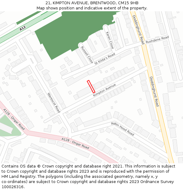 21, KIMPTON AVENUE, BRENTWOOD, CM15 9HB: Location map and indicative extent of plot