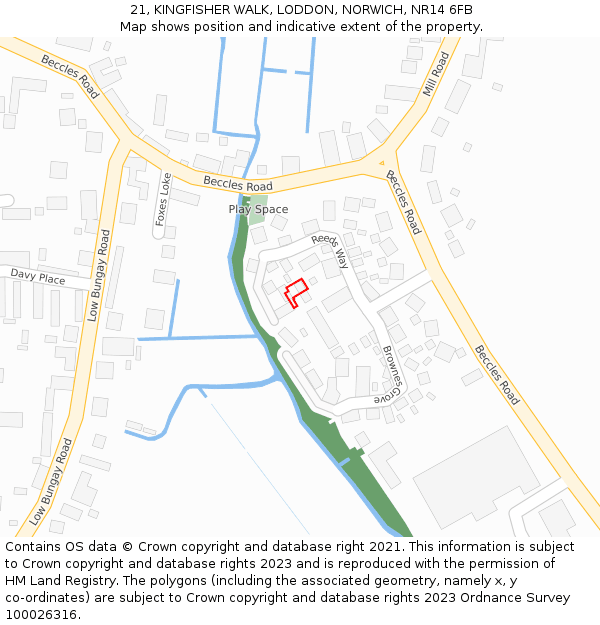 21, KINGFISHER WALK, LODDON, NORWICH, NR14 6FB: Location map and indicative extent of plot
