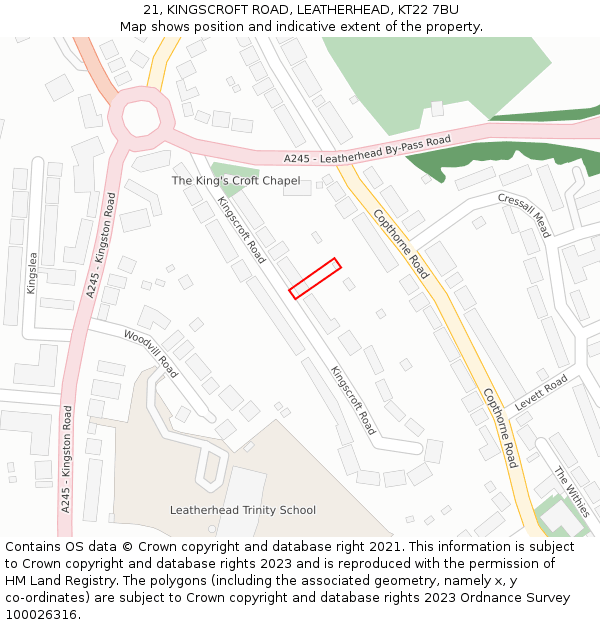 21, KINGSCROFT ROAD, LEATHERHEAD, KT22 7BU: Location map and indicative extent of plot