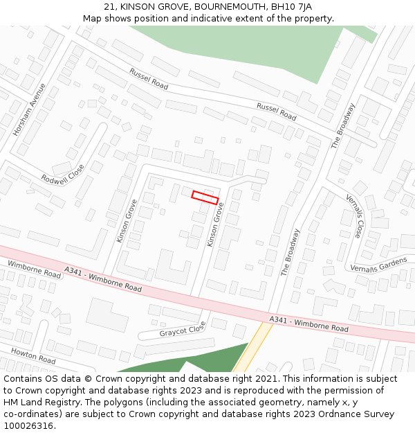 21, KINSON GROVE, BOURNEMOUTH, BH10 7JA: Location map and indicative extent of plot
