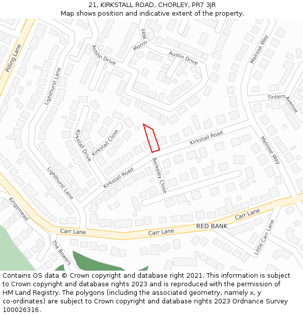 21, KIRKSTALL ROAD, CHORLEY, PR7 3JR: Location map and indicative extent of plot