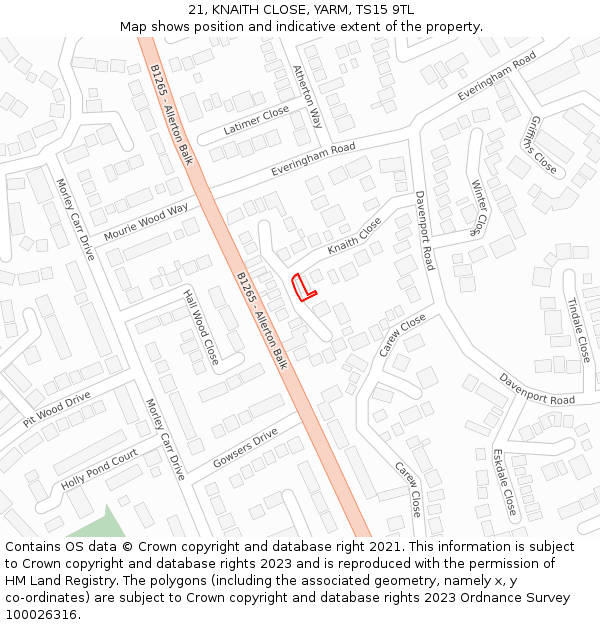 21, KNAITH CLOSE, YARM, TS15 9TL: Location map and indicative extent of plot