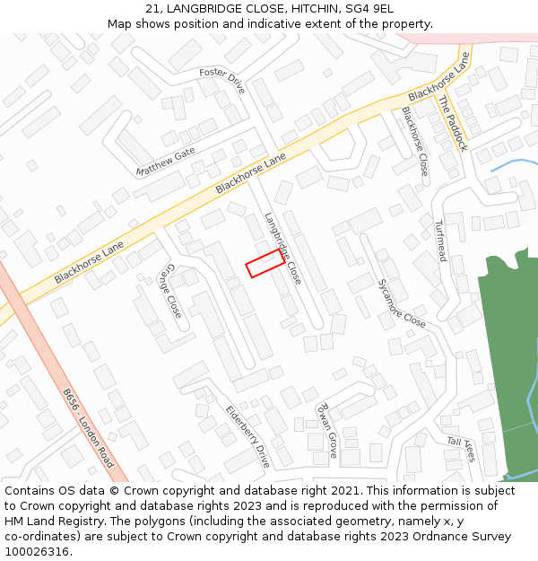 21, LANGBRIDGE CLOSE, HITCHIN, SG4 9EL: Location map and indicative extent of plot