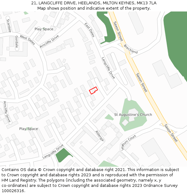 21, LANGCLIFFE DRIVE, HEELANDS, MILTON KEYNES, MK13 7LA: Location map and indicative extent of plot