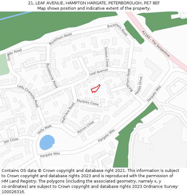 21, LEAF AVENUE, HAMPTON HARGATE, PETERBOROUGH, PE7 8EF: Location map and indicative extent of plot