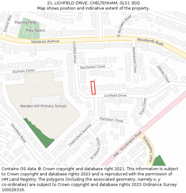 21, LICHFIELD DRIVE, CHELTENHAM, GL51 3DQ: Location map and indicative extent of plot