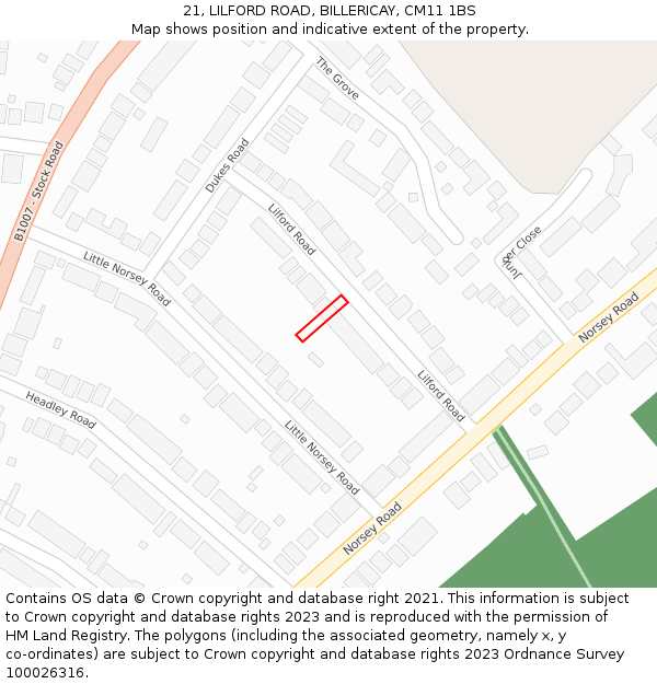 21, LILFORD ROAD, BILLERICAY, CM11 1BS: Location map and indicative extent of plot